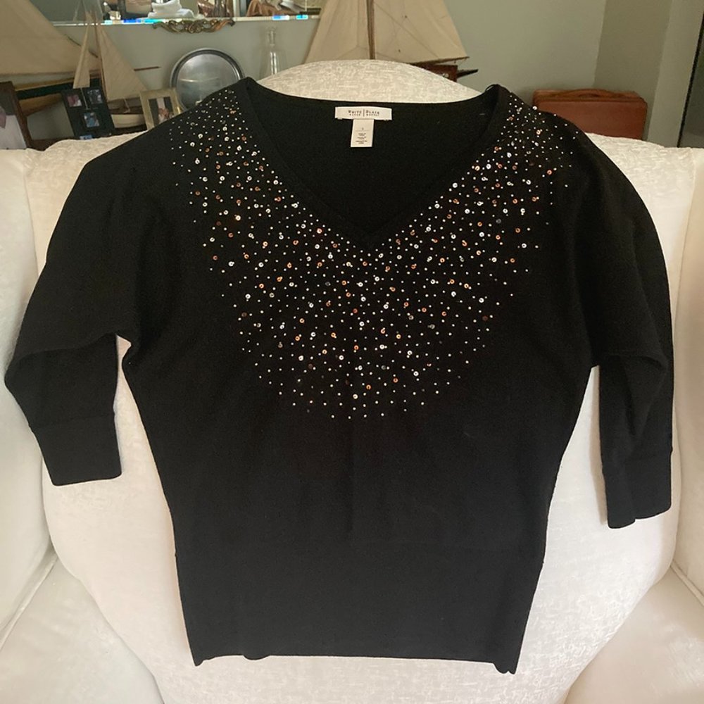 White House Black Market Woman's Raglan Sleeve - Sequin front Black Top